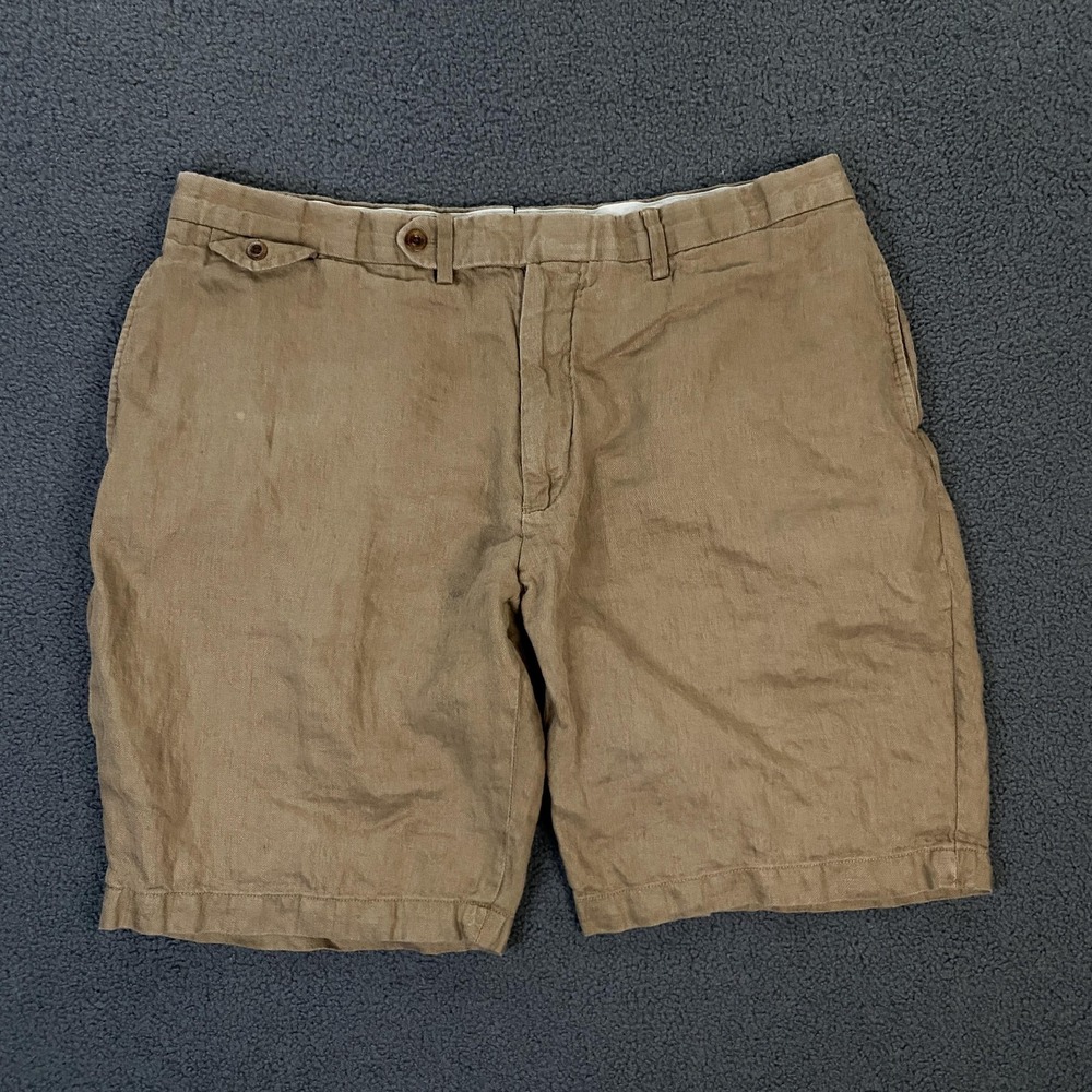 Polo Ralph Lauren Shorts FITS 38 Brown 100% Linen Cotton Chino Flat Front Preppy